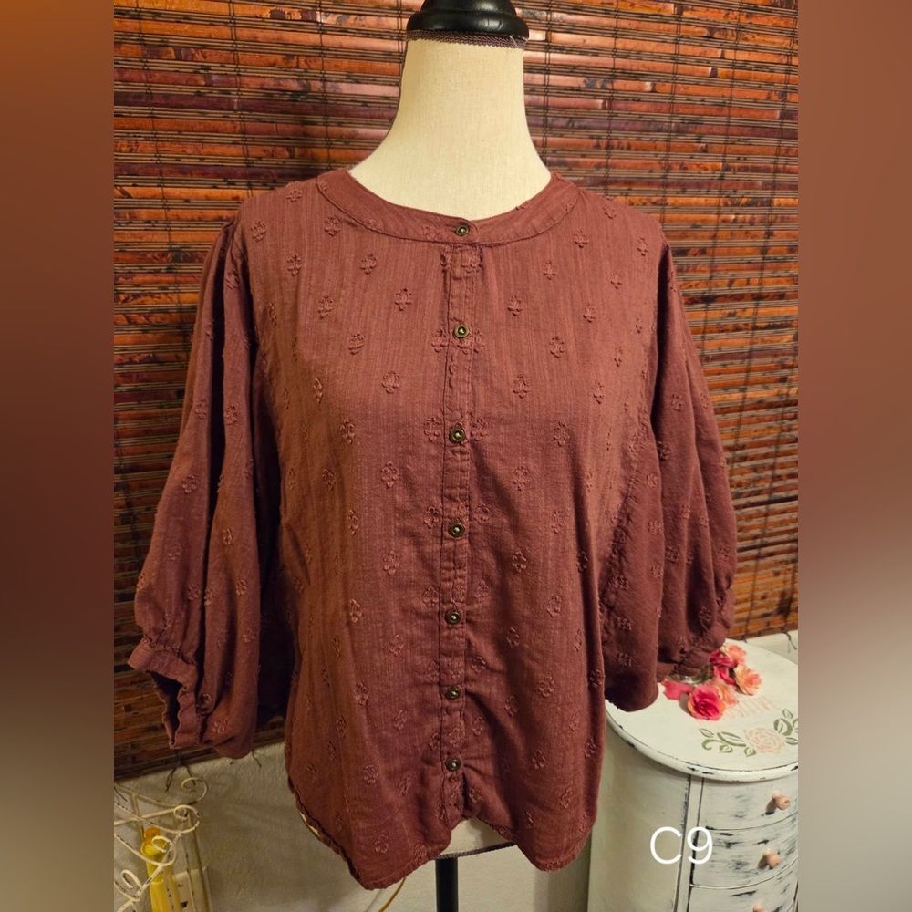 a.n.a Rustic Brown Button-Front Embroidered Blouse